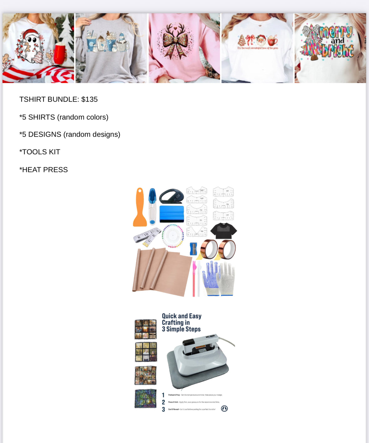 TSHIRT BUNDLE WITH DESIGNS,TOOLS & HEAT PRESS