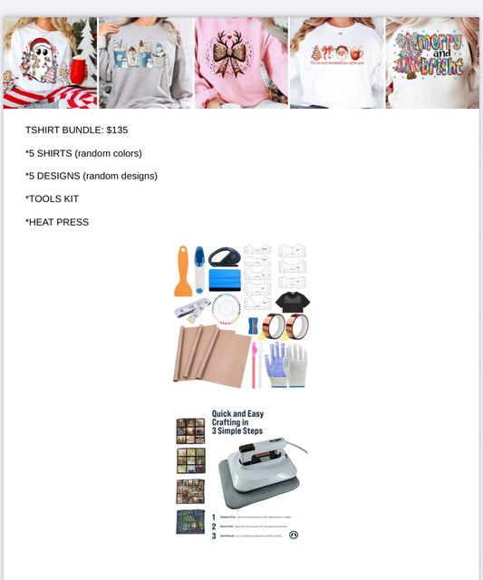 TSHIRT BUNDLE WITH DESIGNS,TOOLS & HEAT PRESS