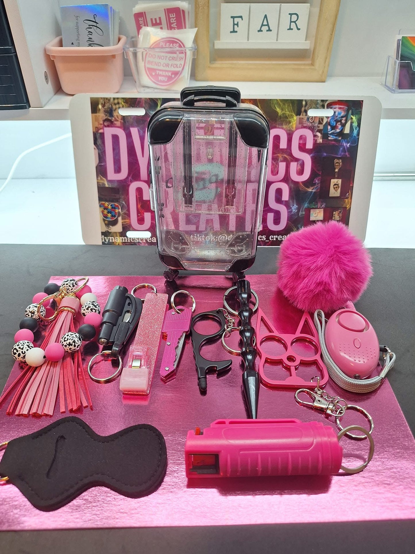 Pink & Black Keychain With Mini Suitcase
